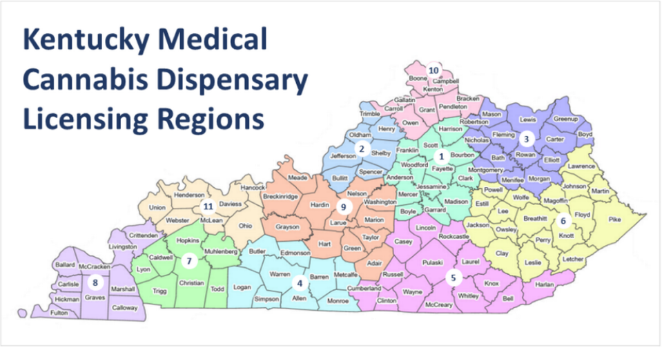 A map shows the 11 Kentucky regions where medical cannabis dispensaries are allowed to operate.