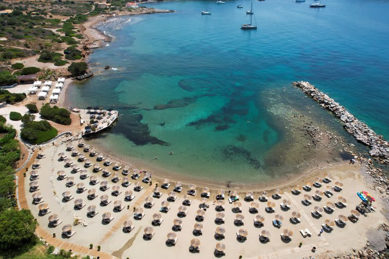 A view of a beach in front of the Cape Sounio Grecotel Resort, in Cape Sounion