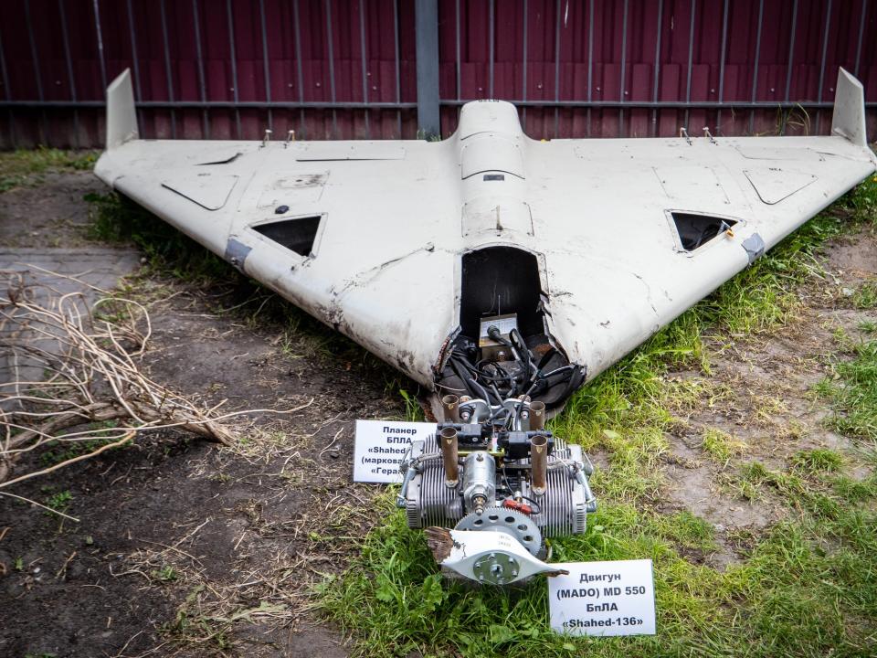 Remain of a Russian-made Shahed 136 at an exhibition showing remains of missiles and drones that Russia used to attack Kyiv on May 12, 2023 in Kyiv, Ukraine.