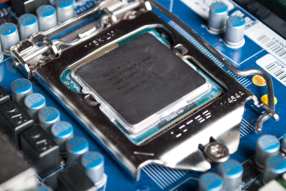 CPU Intel i5 on computer motherboard in socket