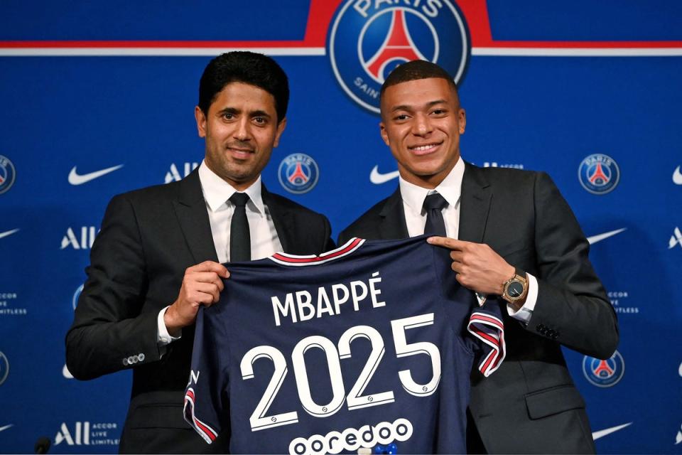 Nasser Al-Khelaifi, the Paris Saint-Germain president and chairman of Qatar Sports Investments, with Kylian Mbappe (AFP via Getty Images)