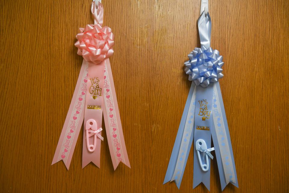 "It's a Girl" and "It's a Boy" ribbons hang outside the Felder's room at Doctors Hospital on Thursday, Feb. 29, 2024. The Felders, former Augusta residents, traveled from Guam to give birth at Doctors Hospital.
