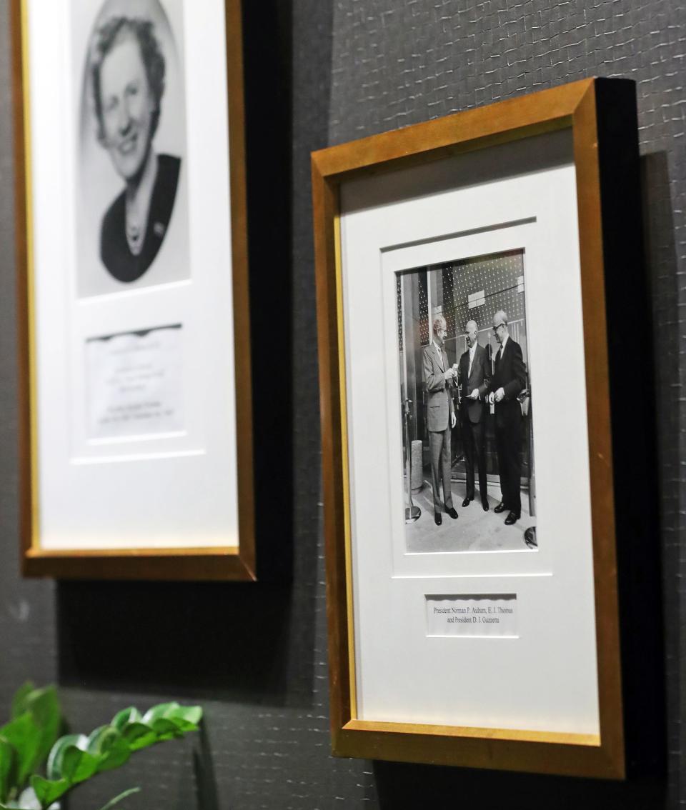 Old photographs from the early days of E.J. Thomas Hall on display in the greenroom Tuesday, Aug. 29, 2023, in Akron, Ohio.