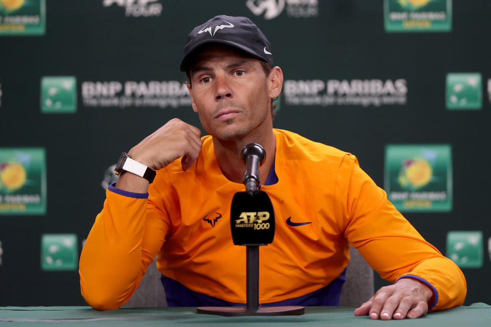 Rafael Nadal (pictured) speaking to the media at Indian Wells.