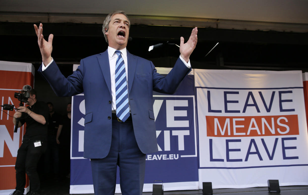 Former UKIP leader Nigel Farage speaks at a rally in Parliament Square after the final leg of the "March to Leave" in London, Friday, March 29, 2019. The protest march which started on March 16 in Sunderland, north east England, finishes on Friday March 29 in Parliament Square, London, on what was the original date for Brexit to happen before the recent extension. (AP Photo/Tim Ireland)