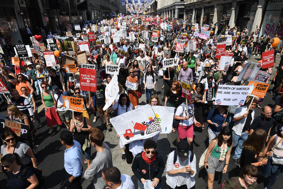 <p>Protesters join a Women’s march in central London to demonstrate against President Trump’s visit to the UK, on July 13, 2018 in London, England. (Photo: Chris J Ratcliffe/Getty Images) </p>