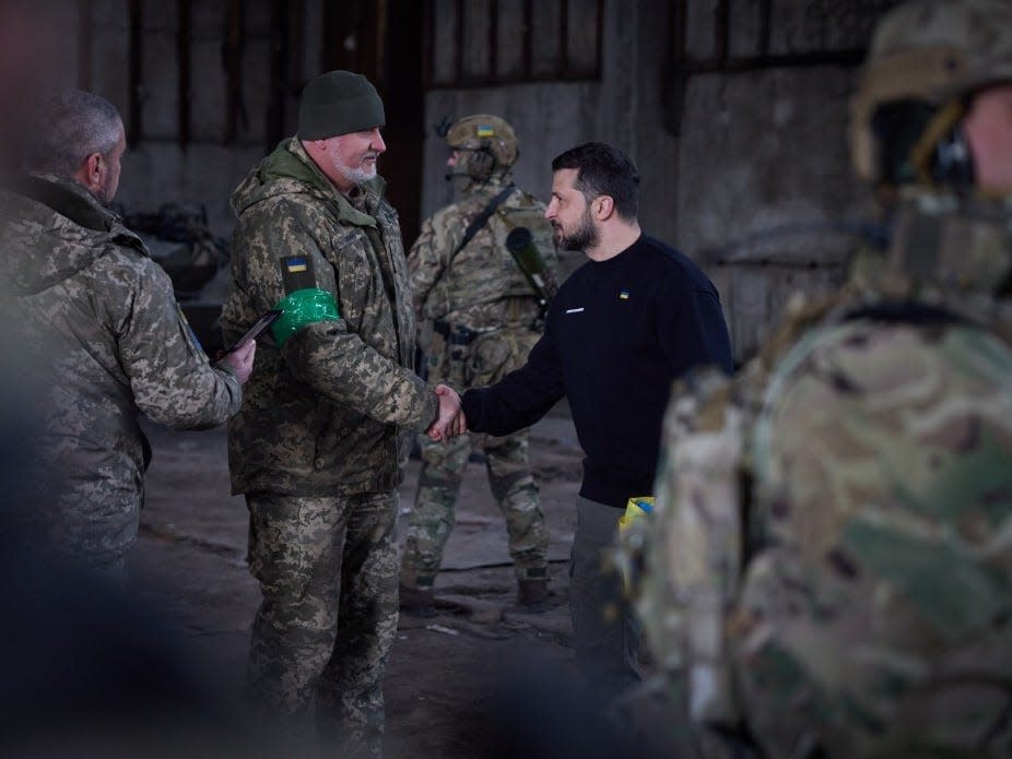 President Volodymyr Zelensky visits troops near the front lines in Bakhmut.