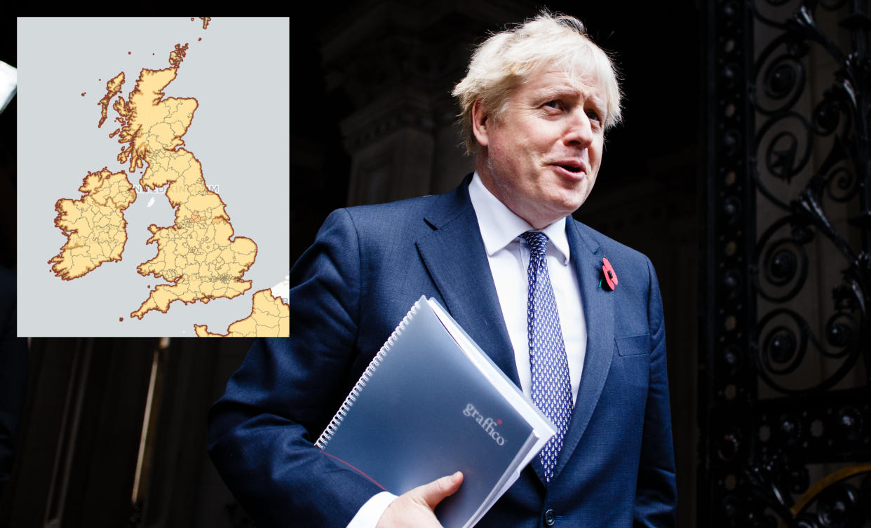 Boris Johnson is set to announce a temporary easing of restrictions over Christmas. A map, inset, shows the risk of catching COVID in each area of the UK. (David Cliff/NurPhoto via Getty Images)