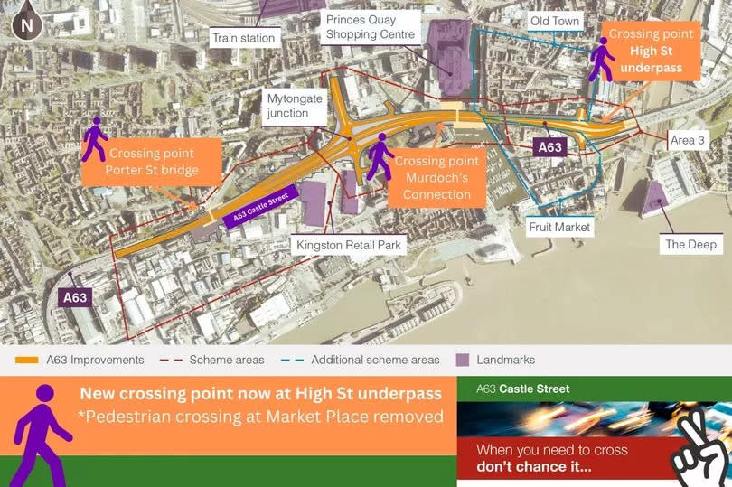 Map showing safe crossing points on the A63 at Castle Street, including the new High Street pedestrian underpass