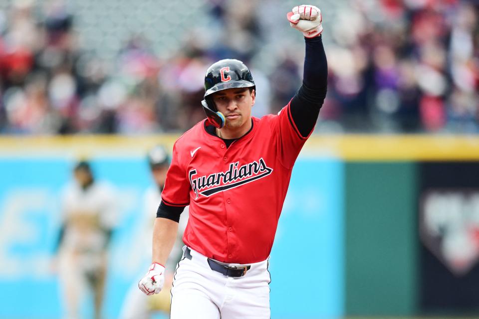 Guardians right fielder Will Brennan rounds the bases after hitting a home run during the second inning against the Oakland Athletics, April 21, 2024, in Cleveland.