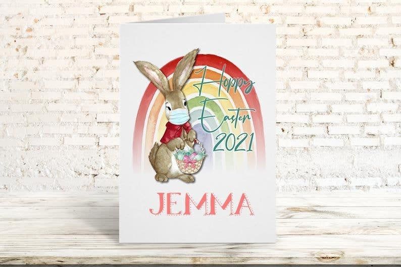 10) Personalized Rainbow Bunny Card