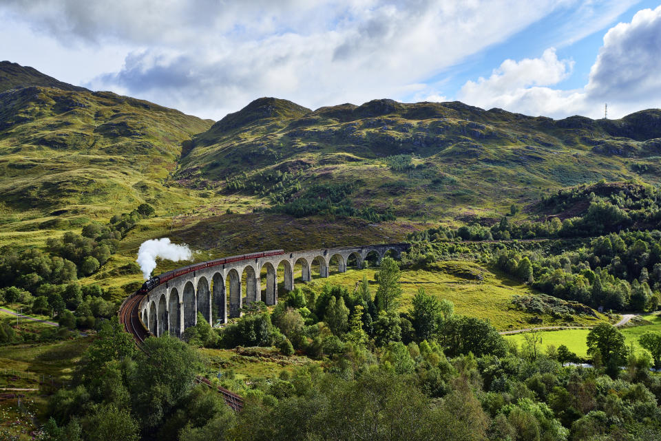 UK, Scotland, Highlands, Glenfinnan viaduct with a steam train passing over it