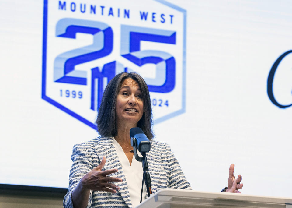 Mountain West Conference commissioner Gloria Nevarez speaks during NCAA college football media days in Las Vegas, Wednesday, July 19, 2023. (Bizuayehu Tesfaye/Las Vegas Review-Journal via AP)