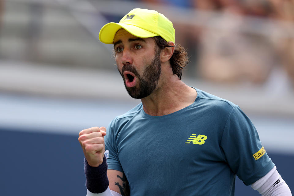 NEW YORK, NEW YORK - AUGUST 29: Jordan Thompson of Australia celebrates a point against Hubert Hurkacz of Poland during their Men's Singles Second Round match on Day Four of the 2024 US Open at USTA Billie Jean King National Tennis Center on August 29, 2024 in the Flushing neighborhood of the Queens borough of New York City. (Photo by Mike Stobe/Getty Images)