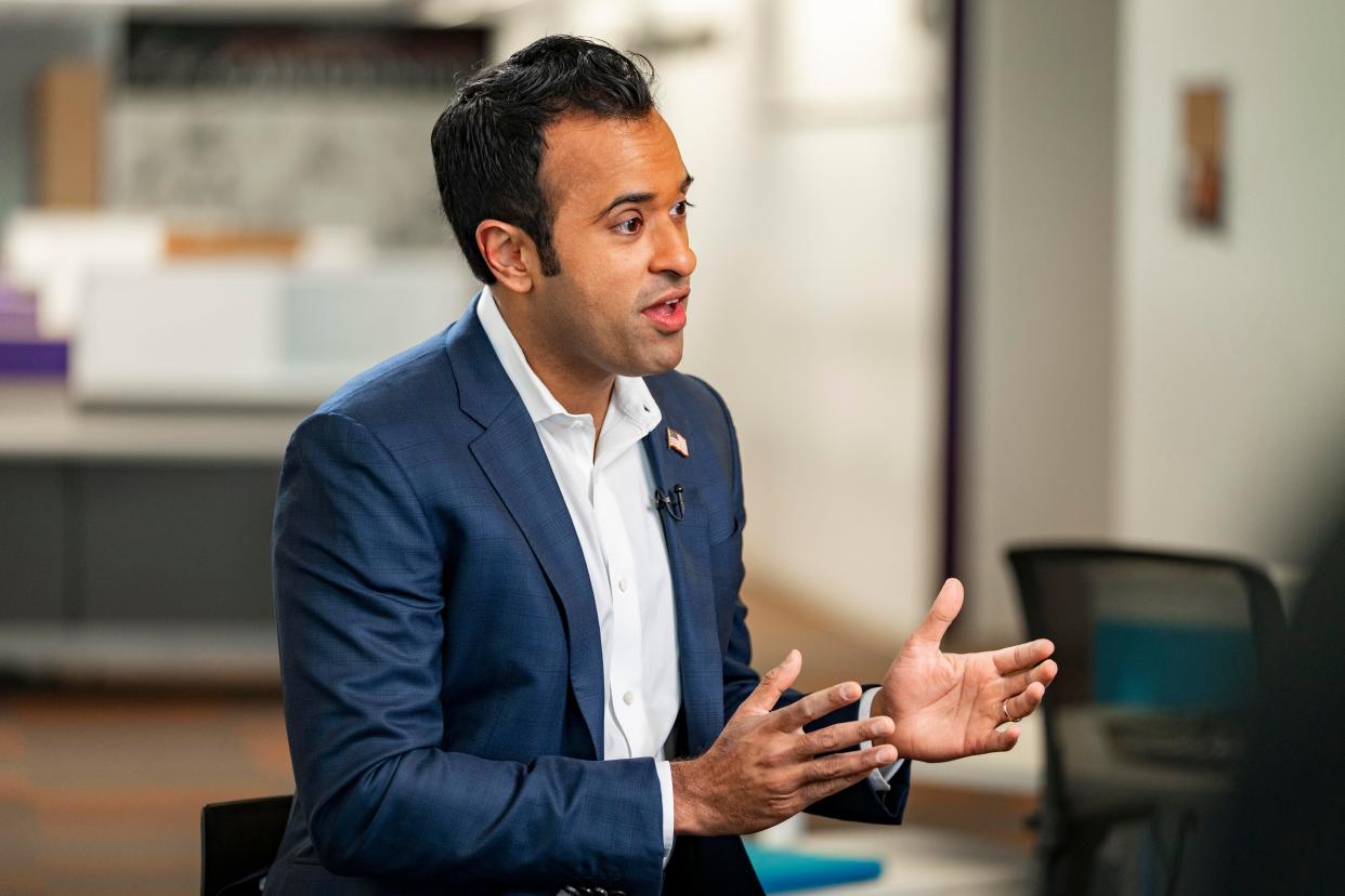 Republican presidential candidate and entrepreneur Vivek Ramaswamy pictured Jan. 3 in the Des Moin Register newsroom