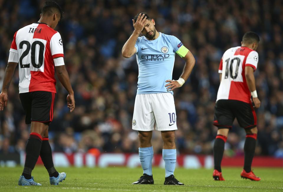 Manchester City’s Sergio Aguero reacts after missing a scoring chance against Feyenoord and now he will most likely sit on the bench at the weekend.