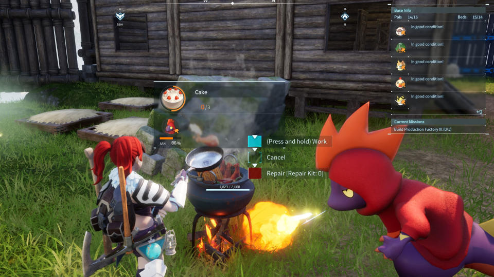 A pal blows fire under the cook pot as a cake is baked in Palworld.