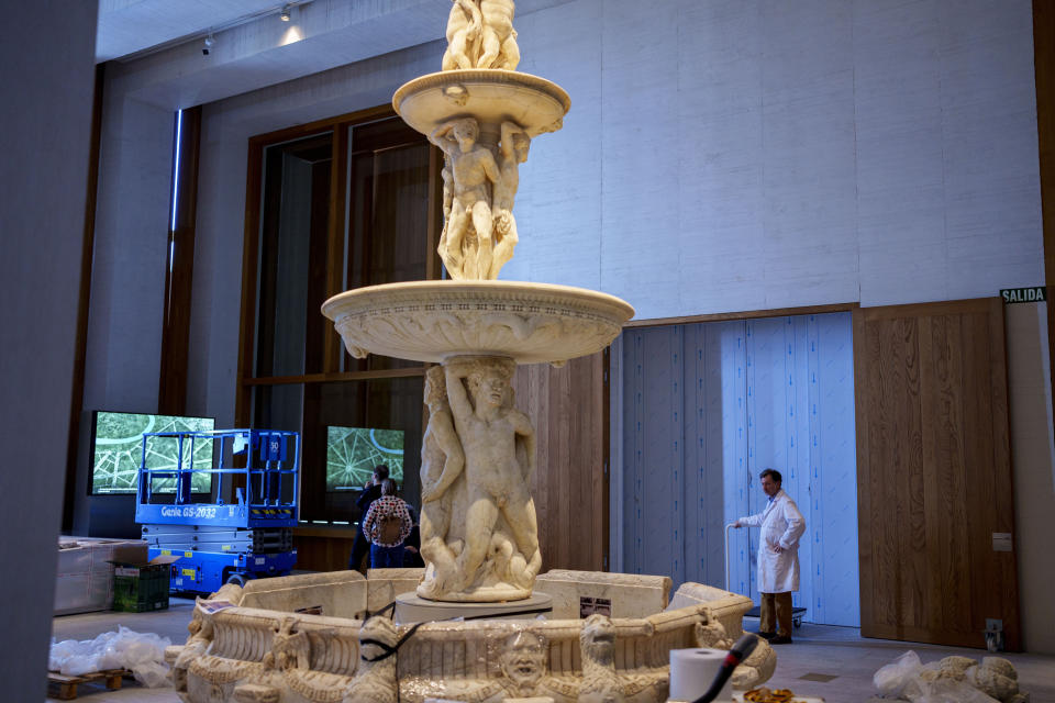 The "Fuente del Aguila" fountain is displayed at the Royal Collections Gallery in Madrid, Spain, Friday, May. 19, 2023. Spain is set to unveil what is touted as one of Europe’s cultural highlights of the year with the opening in Madrid of The Royal Collections Gallery next month. (AP Photo/Manu Fernandez)