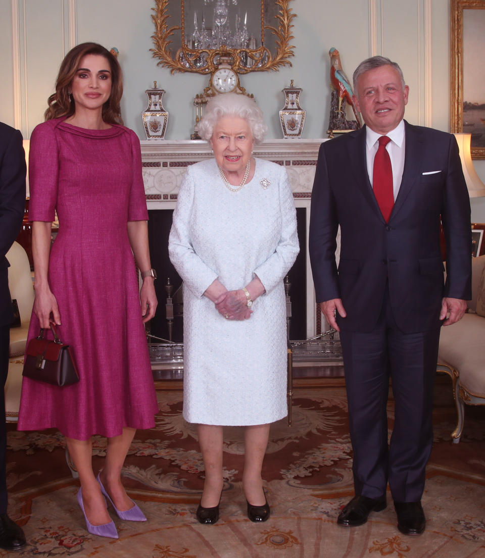 In November 2019, the then 92-year-old posed with King Abdullah and Queen Noir of Jordan and her hands appeared to be bruised. Photo: Getty