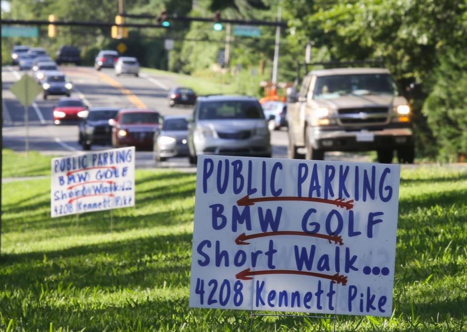 An enterprising property owner is set to accommodate visitors to the nearby Wilmington Country Club along Kennett Pike as parking is offered for the PGA's BMW Championship Friday, August 12, 2022.