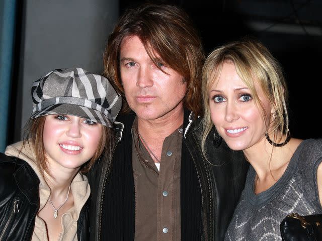 <p>Bruce Glikas/FilmMagic</p> Miley Cyrus, Billy Ray Cyrus and Tish Cyrus pose as they visit backstage at "Mamma Mia!" on Broadway in 2007