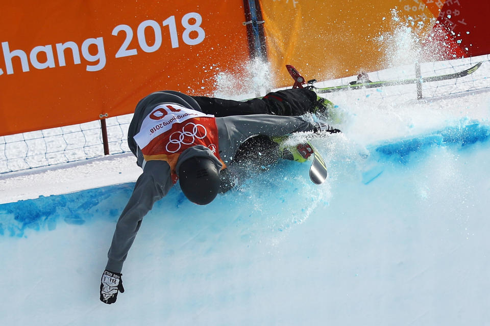 Joel Gisler of Switzerland hit the top of the wall during the&nbsp;halfpipe event at the Winter Olympics. (Photo: Cameron Spencer via Getty Images)