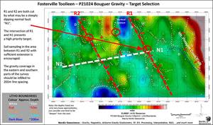 R1 and R2 have been interpreted as second order faults to the Mt Pleasant Creek Fault in the hanging wall of the major Mt William Fault. Second and third order faults are key mineralization hosts. Alluvial gold in the creek has possibly originated near the fault zone. The red circles show the major drill targets. These are associated with reverse faulting and cross-cutting structures. U and D are dip direction. Red arrows point to plunge direction.