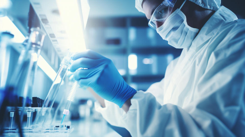 A researcher holding a pipette in a laboratory, symbolizing the company's sustained innovation.