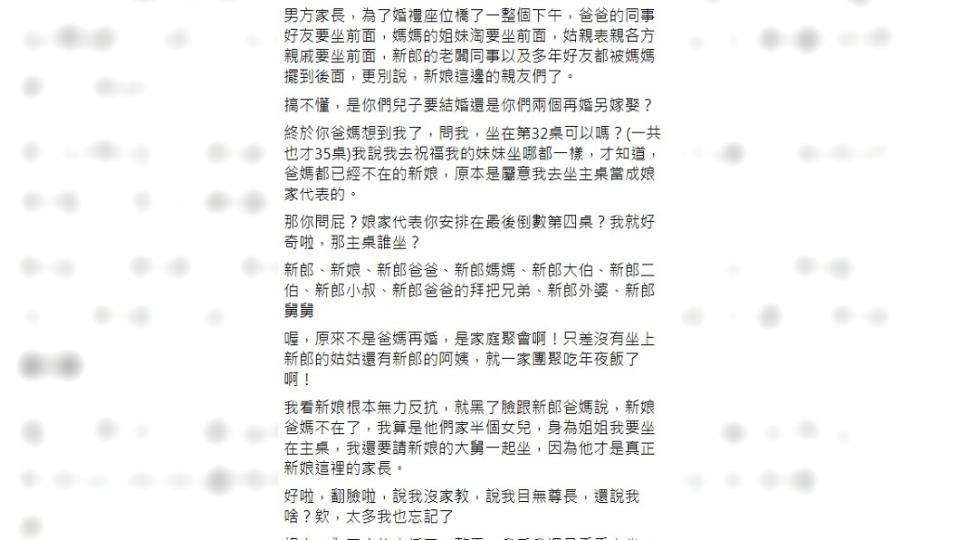 原PO發文敘述妹妹結婚不受尊重的過程。（圖／翻攝自臉書社團「爆怨2公社」）