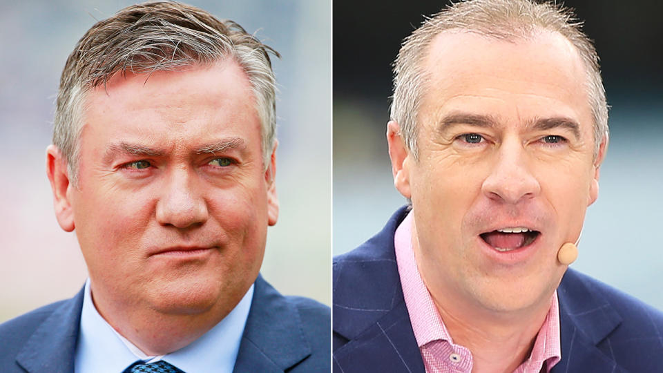 Eddie McGuire and Gerard Whateley are pictured in a 50/50 split image.