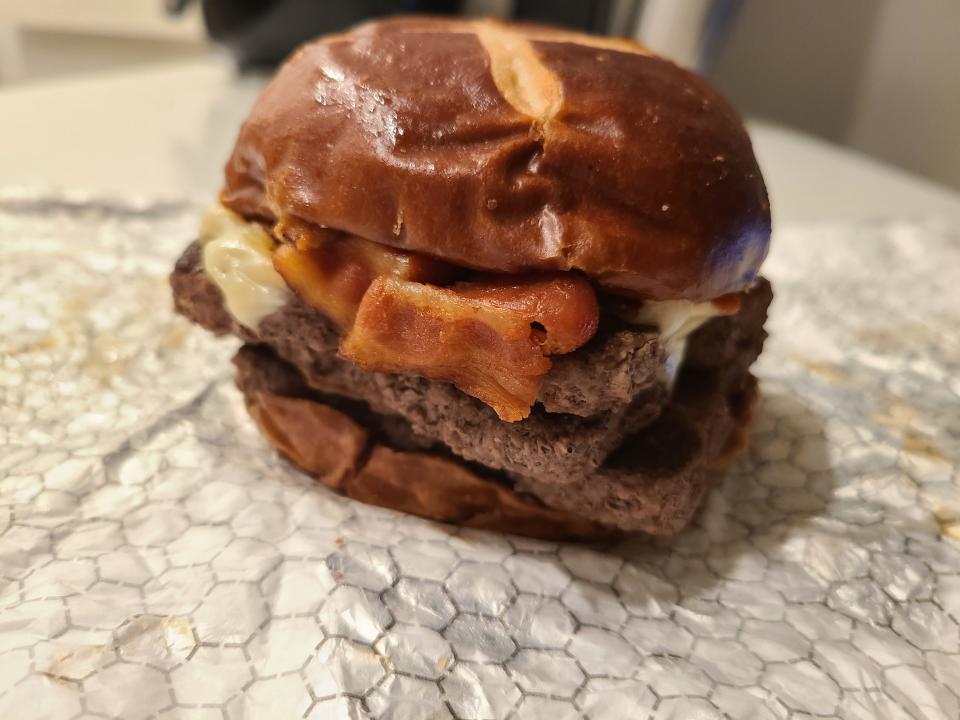 wendy's pretzel bacon pub triple on white wrapper