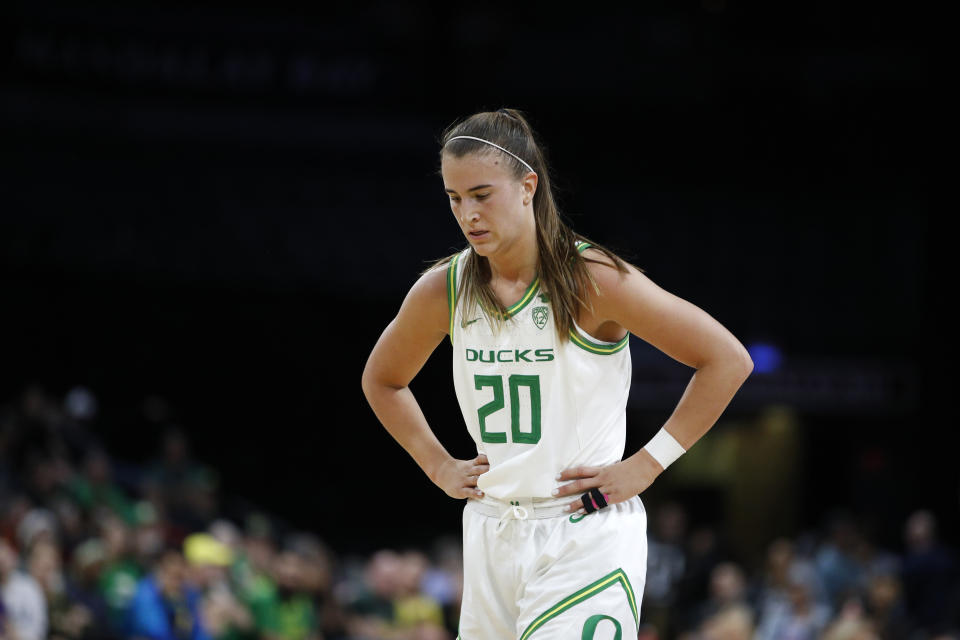 Oregon's Sabrina Ionescu (20) plays against Utah in an NCAA college basketball game in the quarterfinal round of the Pac-12 women's tournament Friday, March 6, 2020, in Las Vegas. (AP Photo/John Locher)