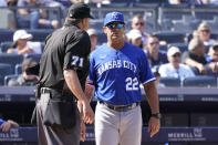 Kansas City Royals manager Mike Matheny (22) talks to Jordan Baker (71) during the sixth inning of a baseball game against the New York Yankees, Saturday, July 30, 2022, in New York. (AP Photo/Mary Altaffer)