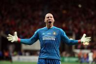 Dec 8, 2018; Atlanta, GA, USA; Atlanta United goalkeeper Brad Guzan (1) reacts after an Atlanta United goal against the Portland Timbers during the second half in the 2018 MLS Cup championship game at Mercedes-Benz Stadium. Jason Getz-USA TODAY Sports