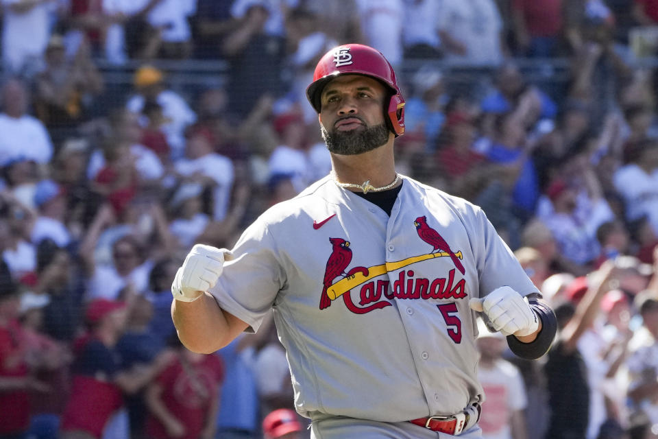 St. Louis Cardinals' Albert Pujols reacts as his fly ball to left field is caught by San Diego Padres left fielder Jurickson Profar during the sixth inning of a baseball game Thursday, Sept. 22, 2022, in San Diego. (AP Photo/Gregory Bull)