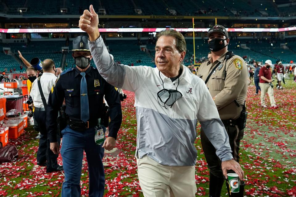 Nick Saban enjoys victory in the 2020 national championship game. LYNNE SLADKY/The Associated Press