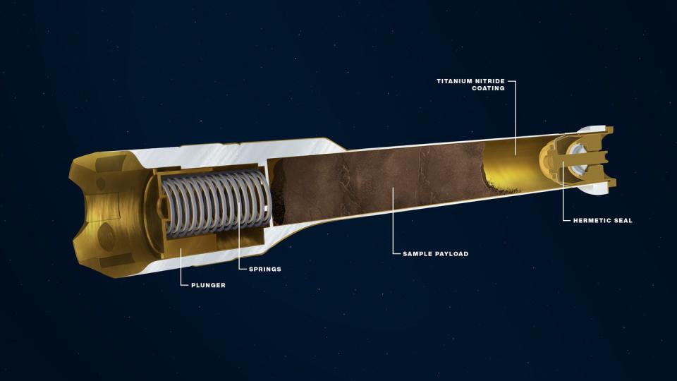 A diagram showing the sample collection tubes which are made from titanium and include a sealing mechanism.