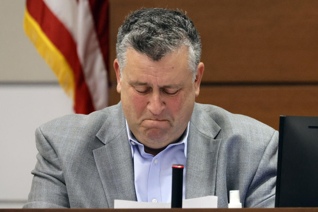 Tony Montalto pauses while giving his victim impact statement during the penalty phase of the trial of Marjory Stoneman Douglas High School shooter Nikolas Cruz at the Broward County Courthouse in Fort Lauderdale, Fla., Wednesday, Aug. 3, 2022. Montalto's daughter, Gina, was killed in the 2018 shootings. Cruz previously plead guilty to all 17 counts of premeditated murder and 17 counts of attempted murder in the 2018 shootings. (Amy Beth Bennett/South Florida Sun Sentinel via AP, Pool)