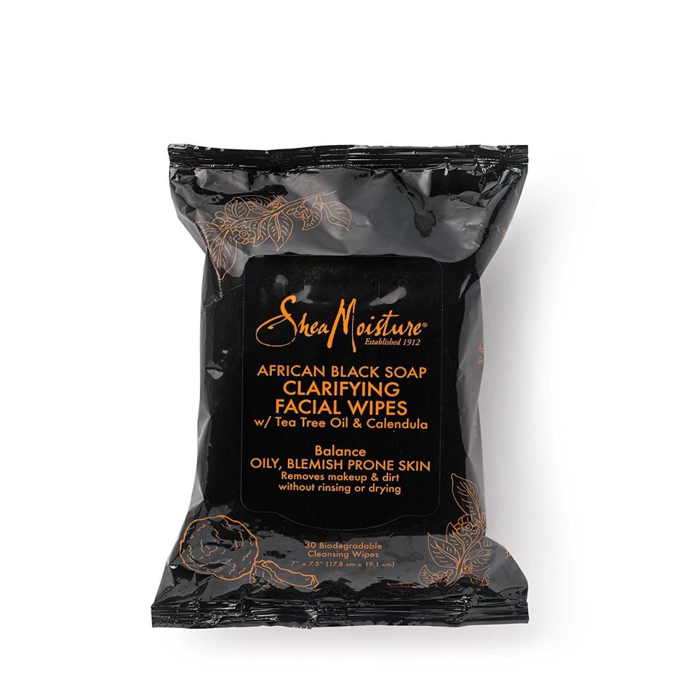 African Black Soap is known for its purifying and balancing powers, and <a href="https://www.amazon.com/Shea-Moisture-African-Black-Facial/dp/B01LJ4L0D6/ref=sr_1_sc_1_a_it?ie=UTF8&amp;qid=1517339793&amp;sr=8-1-spell&amp;keywords=sheamoisture%2Bmakeup%2Bwipes&amp;th=1" target="_blank">these naturally-infused wipes</a> are no exception.