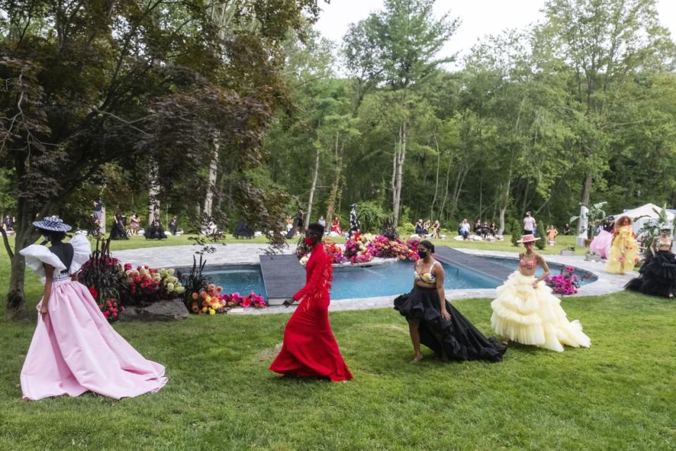 <div class="inline-image__caption"><p>Models at the Christian Siriano show at his home in Westport, Conn.</p></div> <div class="inline-image__credit">Charles Sykes/AP</div>