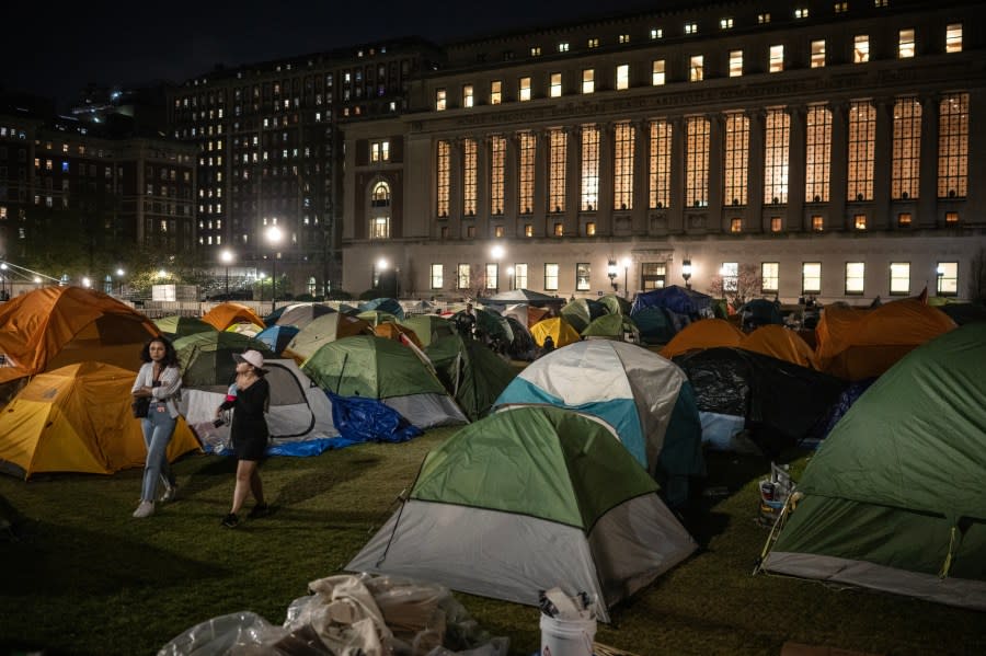 NEW YORK, NY – APRIL 29: Student protesters occupy a tent camp as as they demonstrate against the war in Gaza at Columbia University on Monday, April 29, 2024 in in New York, N.Y. University administrators gave the protesters a 2 p.m. deadline to evacuate their protest camp or face consequences, including arrest and expulsion. (Photo by Victor J. Blue for The Washington Post via Getty Images)