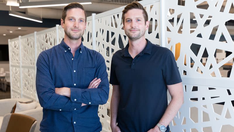 Eric, left, and Greg Levesque, founders of Utah-based tech startup Strider Technologies, pose for a portrait at their office in South Jordan on Monday, Aug. 14, 2023.