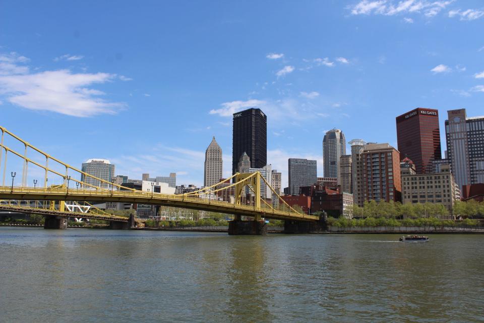 A view of the Pittsburgh skyline from the Three Rivers Trail, located along the city's North Shore area, on May 10, 2020.