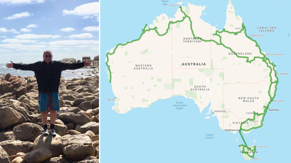 Micheal Christopher (left) has been tracking his road trip on Facebook (right) "We’re getting there. Not quite sure where ‘there’ is yet," he said Source: Supplied