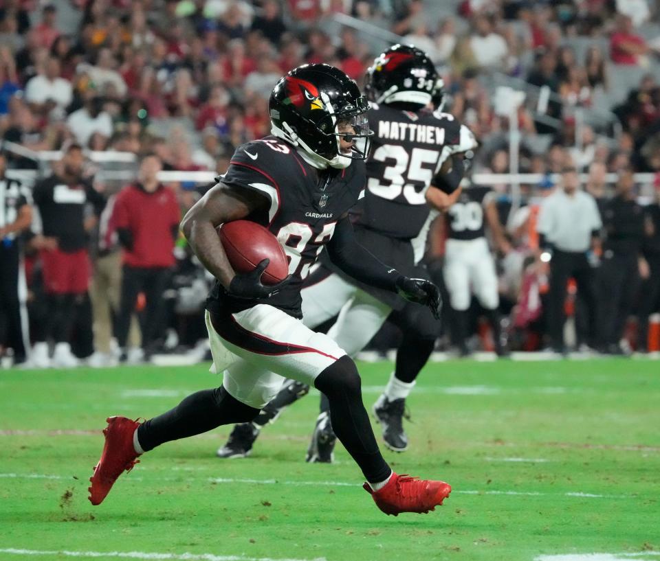 Aug 21, 2022; Glendale, Ariz., United States;  Arizona Cardinals wide receiver Greg Dortch (83) returns a punt against the Baltimore Ravens during the third quarter in preseason action at State Farm Stadium.