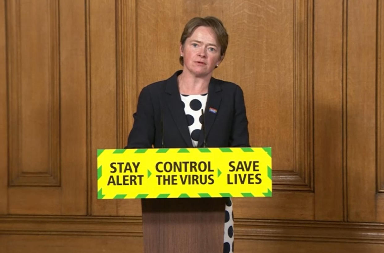 Screen grab of Baroness Dido Harding, executive chairwoman of NHS Test and Trace, during a media briefing in Downing Street, London, on coronavirus (COVID-19).