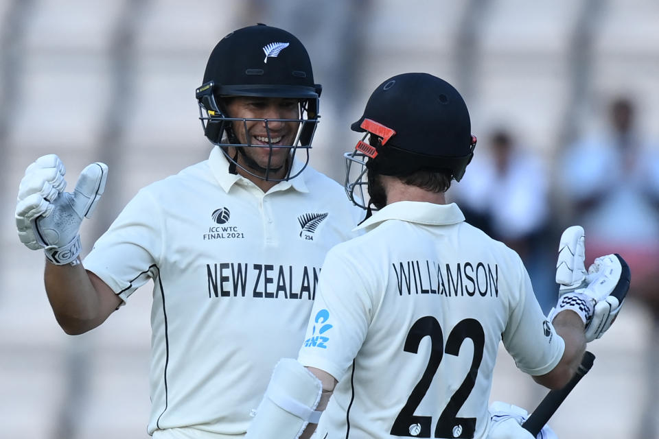 Pictured left, New Zealand's Ross Taylor alongside captain Kane Williamson on the final day of the ICC World Test Championship final.