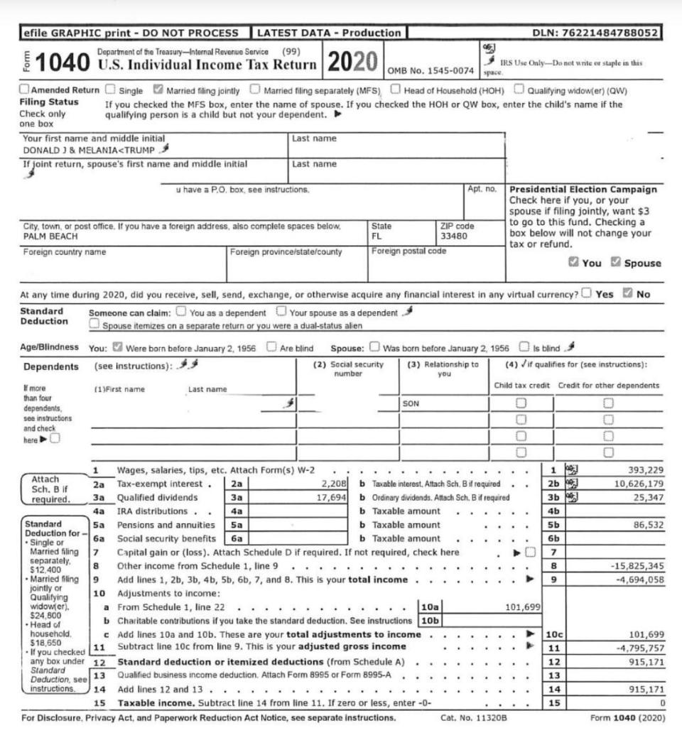 Part of the Form 1040 filed by Donald and Melania Trump for 2020.