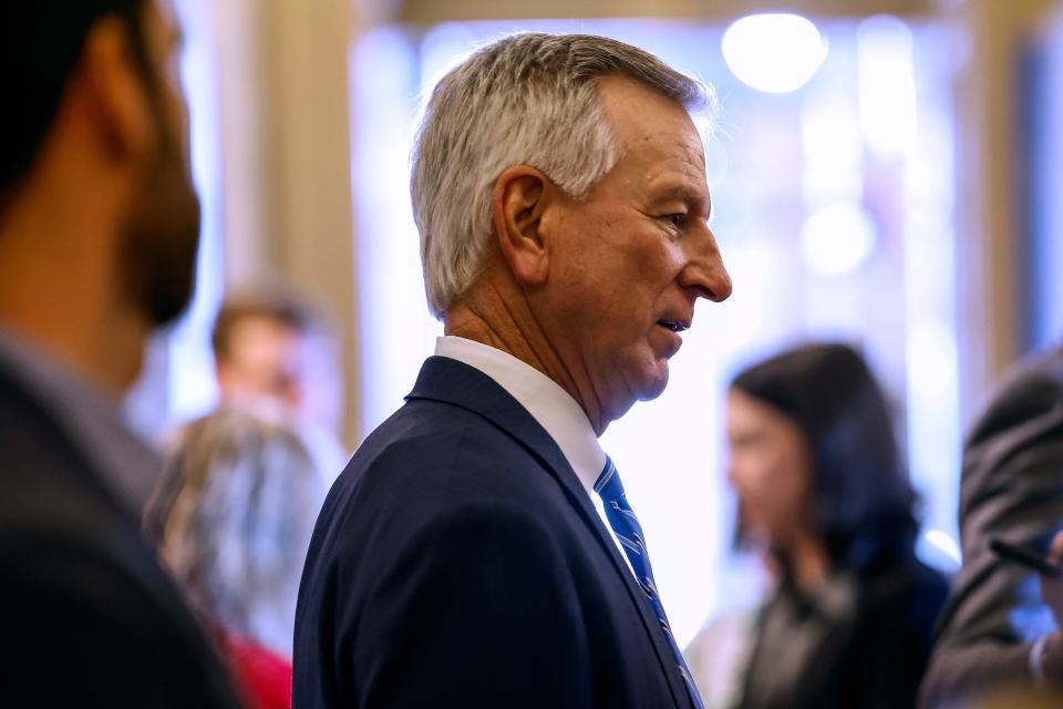 Sen. Tommy Tuberville, R-Ala., speaks with reporters as he leaves a luncheon with Senate Republicans in the U.S. Capitol on Sept. 13, 2023 in Washington, D.C.