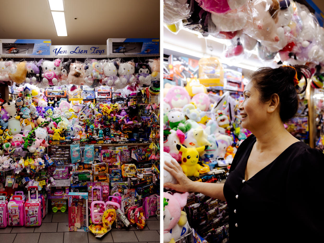 A shop owner looks at her toy store inside the Asian Garden Mall in Westmisnter, Calif. (Tracy Nguyen for NBC News)